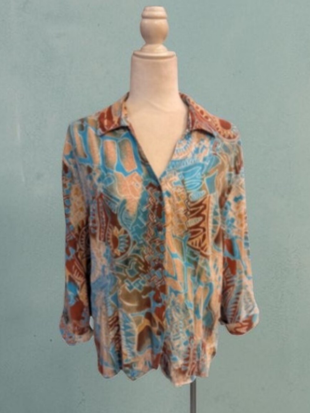 Vtg. Tianello Ethnic Print  Button-Front Blouse Turquoise & Brown Earthly Sz L
